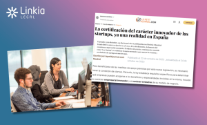 Recortes del artículo sobre la certificación del carácter innovador de las startups en España, de Le Petit Journal, escrito por Alaia Asensio Romero, manager de Procesal de Linkia Legal